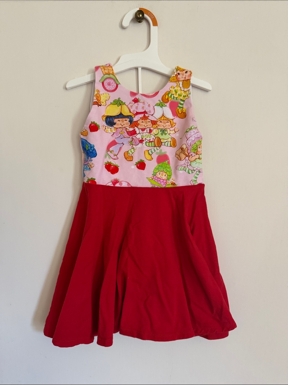 Malia+Kai Pink Printed Strawberry shortcake Bodice with Red Twirl Skirt Dress